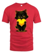 Cute Black Cat Holding Glowing Heart Art Graphic Tshirt - red t-shirt on white background