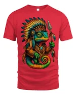 Tribal Chameleon Warrior Graphic T Shirt Colorful Fantasy Art Tee - red t-shirt on white background