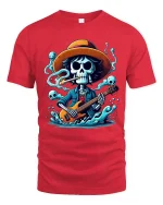 Skeleton Guitarist Rock Spirit Graphic Tee With Dark Music Vibes - red t-shirt on white background