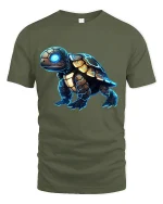 Futuristic Cyber Turtle Graphic Tee With Neon Tech Armor Art - military green t-shirt on white background