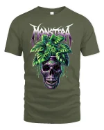 Monstera Skull Graphic Tee With Tropical Gothic Art Style - military green t-shirt on white background