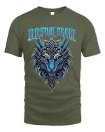 Deathly Urge Wolf Graphic Tee With Nordic Dark Fantasy Art - military green t-shirt on white background