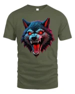 Savage Red Eyes Wolf Graphic Tee With Fierce Dark Art Style - military green t-shirt on white background