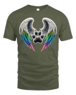 Angel Wing Paw Print Rainbow Love Spirit Animal Graphic Tee - military green t-shirt on white background