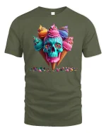Colorful Ice Cream Skull Art Graphic Tee With Candy Drip Style - military green t-shirt on white background