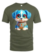 Cute Blue Puppy Art Graphic Tee With Big Eyes and Happy Vibes - military green t-shirt on white background