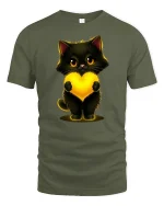 Cute Black Cat Holding Glowing Heart Art Graphic Tshirt - military green t-shirt on white background