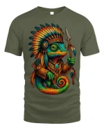 Tribal Chameleon Warrior Graphic T Shirt Colorful Fantasy Art Tee - military green t-shirt on white background
