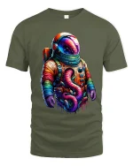 Colorful Astronaut Fantasy Art Graphic T Shirt Cosmic Space Tee - military green t-shirt on white background