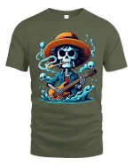 Skeleton Guitarist Rock Spirit Graphic Tee With Dark Music Vibes - military green t-shirt on white background