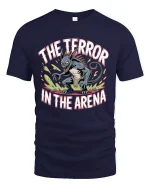 The Terror In The Arena Monster Graphic T Shirt Fierce Battle Tee - navy t-shirt on white background