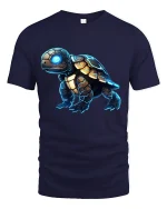 Futuristic Cyber Turtle Graphic Tee With Neon Tech Armor Art - navy t-shirt on white background