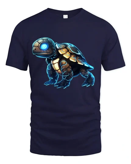Futuristic Cyber Turtle Graphic Tee With Neon Tech Armor Art - navy t-shirt on white background