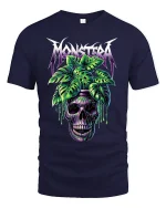 Monstera Skull Graphic Tee With Tropical Gothic Art Style - navy t-shirt on white background