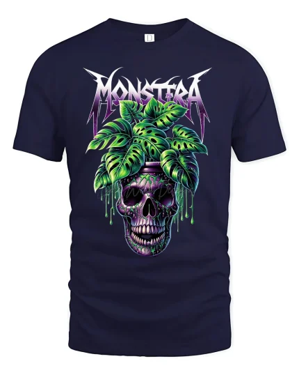 Monstera Skull Graphic Tee With Tropical Gothic Art Style - navy t-shirt on white background