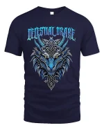 Deathly Urge Wolf Graphic Tee With Nordic Dark Fantasy Art - navy t-shirt on white background