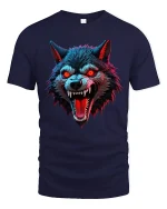 Savage Red Eyes Wolf Graphic Tee With Fierce Dark Art Style - navy t-shirt on white background