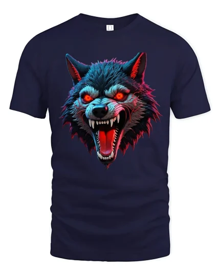 Savage Red Eyes Wolf Graphic Tee With Fierce Dark Art Style - navy t-shirt on white background