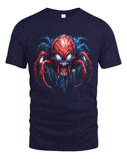 Infernal Spider Demon Graphic Tee With Savage Horror Art - navy t-shirt on white background