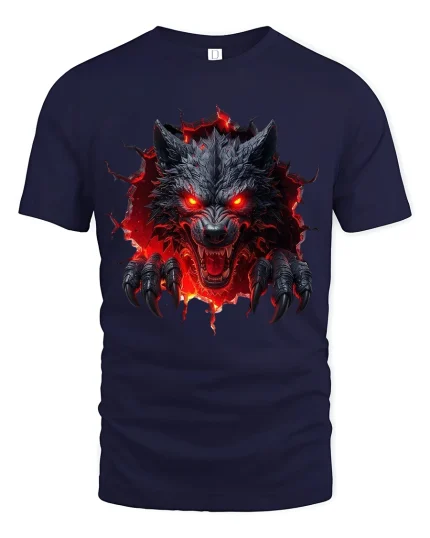 Infernal Rage Wolf Demon Graphic Tee With Fierce Fire Art - navy t-shirt on white background