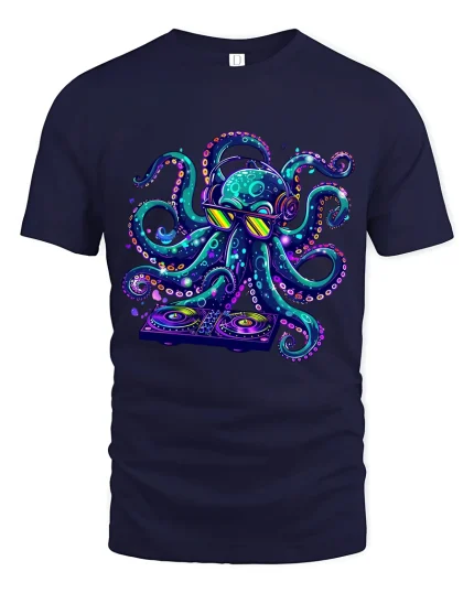 Neon DJ Octopus Party Graphic Tee With Vibrant Music Art - navy t-shirt on white background