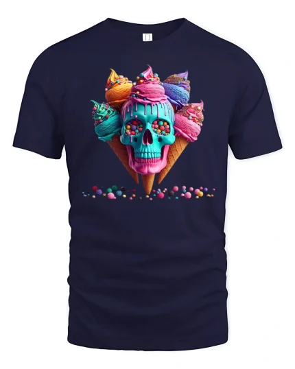 Colorful Ice Cream Skull Art Graphic Tee With Candy Drip Style - navy t-shirt on white background