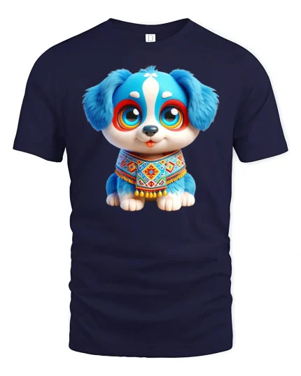 Cute Blue Puppy Art Graphic Tee With Big Eyes and Happy Vibes - navy t-shirt on white background