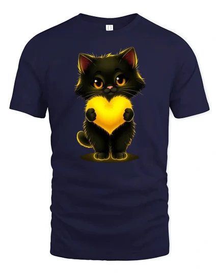 Cute Black Cat Holding Glowing Heart Art Graphic Tshirt - navy t-shirt on white background