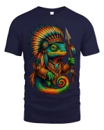 Tribal Chameleon Warrior Graphic T Shirt Colorful Fantasy Art Tee - navy t-shirt on white background