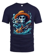 Skeleton Guitarist Rock Spirit Graphic Tee With Dark Music Vibes - navy t-shirt on white background