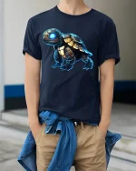 Futuristic Cyber Turtle Graphic Tee With Neon Tech Armor Art - model wearing navy tee with hands in pockets