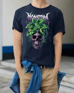 Monstera Skull Graphic Tee With Tropical Gothic Art Style - model wearing navy tee with hands in pockets