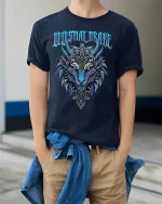 Deathly Urge Wolf Graphic Tee With Nordic Dark Fantasy Art - model wearing navy tee with hands in pockets