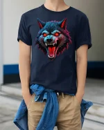 Savage Red Eyes Wolf Graphic Tee With Fierce Dark Art Style - model wearing navy tee with hands in pockets