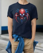 Infernal Spider Demon Graphic Tee With Savage Horror Art - model wearing navy tee with hands in pockets
