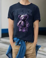 Fierce Bound Spiked Teddy Bear Graphic Tee With Dark Edge - model wearing navy tee with hands in pockets
