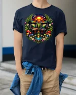 Retro Arcade Forest Dream Pixel Art Nature Graphic Tee - model wearing navy tee with hands in pockets