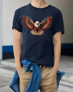 Majestic Bald Eagle Wings Spread Freedom Spirit Graphic Tee - model wearing navy tee with hands in pockets