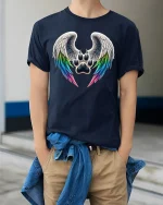 Angel Wing Paw Print Rainbow Love Spirit Animal Graphic Tee - model wearing navy tee with hands in pockets