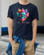 Colorful Ice Cream Skull Art Graphic Tee With Candy Drip Style - model wearing navy tee with hands in pockets