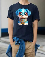 Cute Blue Puppy Art Graphic Tee With Big Eyes and Happy Vibes - model wearing navy tee with hands in pockets