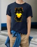 Cute Black Cat Holding Glowing Heart Art Graphic Tshirt - model wearing navy tee with hands in pockets