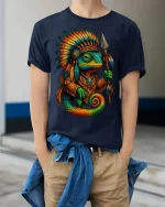 Tribal Chameleon Warrior Graphic T Shirt Colorful Fantasy Art Tee - model wearing navy tee with hands in pockets
