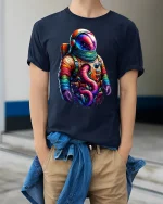 Colorful Astronaut Fantasy Art Graphic T Shirt Cosmic Space Tee - model wearing navy tee with hands in pockets
