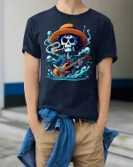 Skeleton Guitarist Rock Spirit Graphic Tee With Dark Music Vibes - model wearing navy tee with hands in pockets