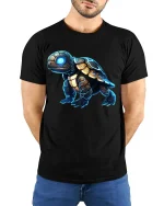 Futuristic Cyber Turtle Graphic Tee With Neon Tech Armor Art - model wearing black tee with hands behind back