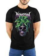 Monstera Skull Graphic Tee With Tropical Gothic Art Style - model wearing black tee with hands behind back