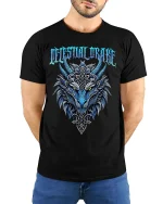 Deathly Urge Wolf Graphic Tee With Nordic Dark Fantasy Art - model wearing black tee with hands behind back
