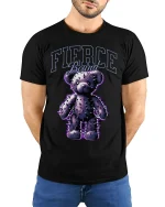 Fierce Bound Spiked Teddy Bear Graphic Tee With Dark Edge - model wearing black tee with hands behind back