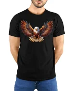 Majestic Bald Eagle Wings Spread Freedom Spirit Graphic Tee - model wearing black tee with hands behind back